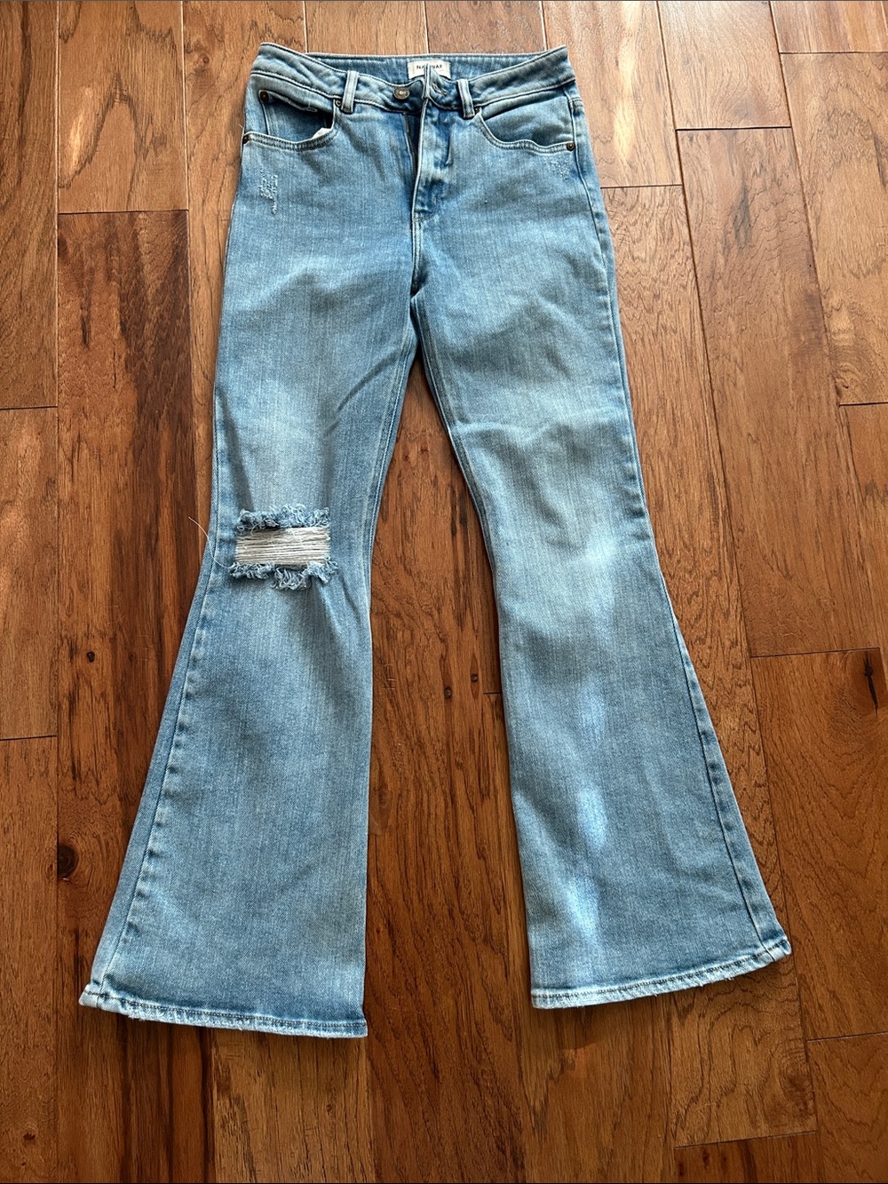NAF NAF Light Blue Flared Wide-Leg Jeans with Knee Rip